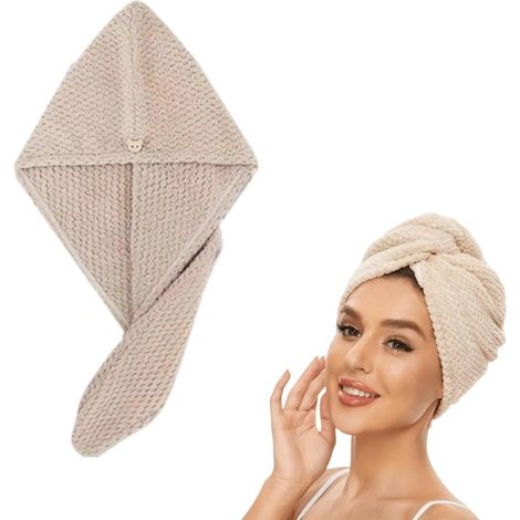 Turban Cheveux Microfibre Séchage Rapide,Serviette à Séchage Rapide,Bouton Fixation Serviette Absorbante,pour Tous Les Types de Cheveux(Kaki 25 65 cm) (1/5)