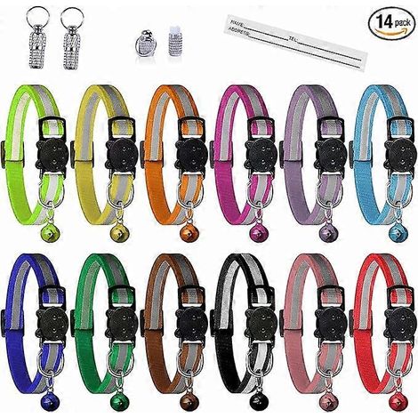 Collier anti-strangulation pour chat avec clochette (lot de 14) - Collier personnalisable - Collier réfléchissant - Accessoire pour chaton - 18 à 32 cm (12 couleurs et 2 bandes réfléchissantes) (1/5)