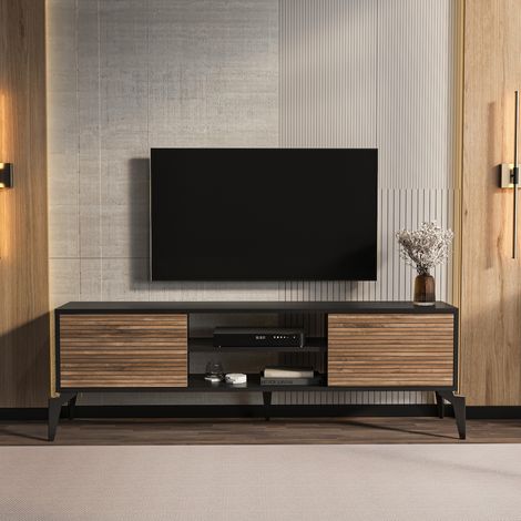 Lojo meuble tv 160 cm niches et armoires avec portes battantes (noir et alina)