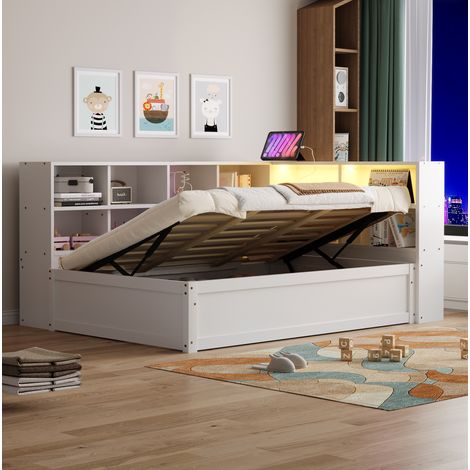 Bett 90x200 cm modern aus Holz Weiß, mit LED-Kopfteil, Steckdose und hydraulischem Stauraum (1/5)