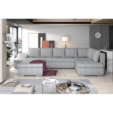 Canapé panoramique GYOVANI gris clair chiné angle gauche convertible mousse T30 (1/2)