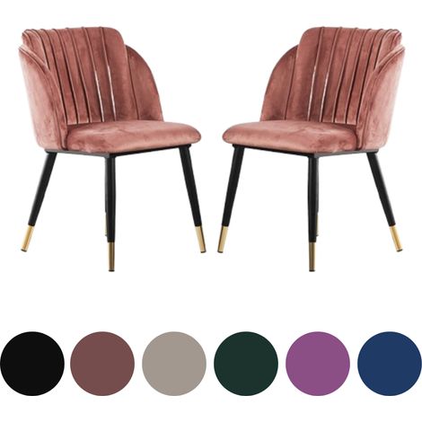 Set of 2 Milano Velvet Dining Chairs - Metal Legs W/ Gold End Caps - Dining Room Chair - Upholstered Chair - Modern Dining Chair w/ Arms - Pink (1/5)
