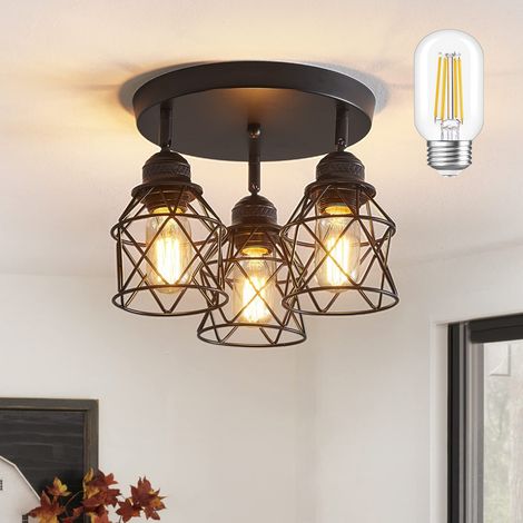 Plafonnier Industriel vintage 3 lampes avec Ampoule LED,Réglable,360° Rotation,Métal Durable pour Cuisine/Salle à Manger (1/5)