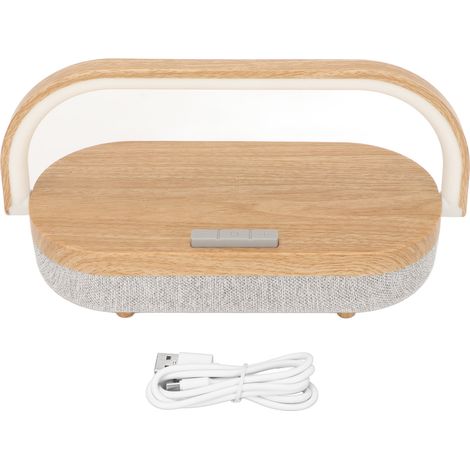 Lampe de chevet tactile musicale 4-en-1 LED avec chargeur sans fil, haut-parleur Bluetooth portable, support téléphone, veilleuse bois grain nordique pour chambre. (1/5)