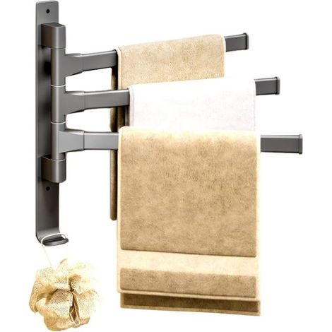 Porte-serviettes sans perçage - 33 cm - Porte-serviettes à coller ou à percer - Pour salle de bain et cuisine - Design pivotant (gris)