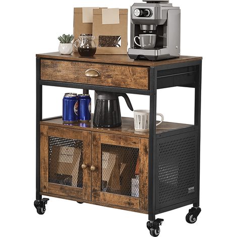 VEVOR Mobile Bar da Caffe da 61 x 36 x 70,5 cm Mobiletto da Bar in Stile Fattoria con 4 Ripiani, Tavolo da Bar Mobile con Ruote e Porta a Rete, Tavolino da Bar, Credenza Buffet per Cucina, Ingresso