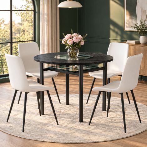 Ensemble table ronde et 4 chaises, plateau MDF bois foncé Ø 100 cm, incrustation et étagère en verre, structure métal noir, sièges blancs en cuir régénéré FLORAGRACE (1/5)