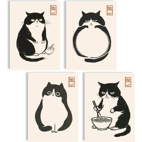 Lot De Posters Japonais Avec Chats-Noir Et Blanc-Tableau Mural Minimaliste-Impression D'Art-Esthétique-Décoration Moderne-Sa[CA18] (1/5)