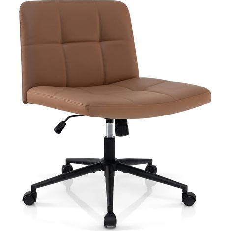 COSTWAY Silla Escritorio sin Brazos, Tapizada de Cuero de PU, Silla Oficina con Ruedas, Inclinable y Altura Ajustable, Silla Tocador Estudio Dormitorio Oficina, 70 x 70 x 79-87 cm (marrón)