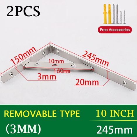 (Amovible 3 mm - 25 cm) 2 supports triangulaires en acier inoxydable pour étagère murale, support robuste, fixation murale, banc, table, étagère - quincaillerie (1/5)