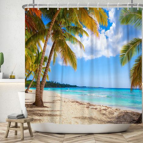 Rideau de douche 180 x 200 cm, motif palmiers, plage, ciel, plantes tropicales, lavable, en polyester, textile, imperméable, pour baignoire, avec 12 crochets (1/5)