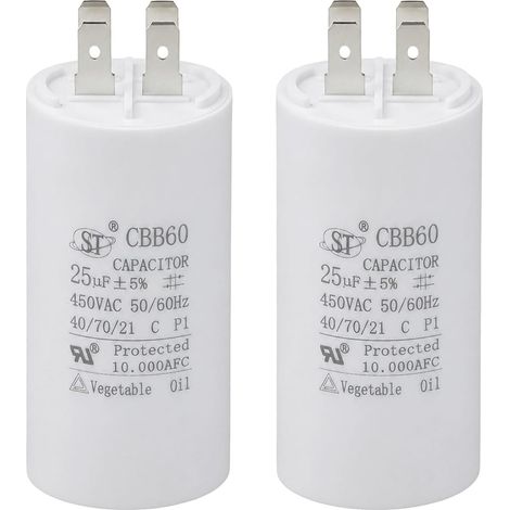 2Pcs CBB60 450V 25uf Condensateur de Démarrage Moteur 50/60Hz pour Pompe Piscine Ventilateur Climatiseur Moteur Électrique Compresseur et Machine à Laver, Dans Boîtier Plastique (1/5)