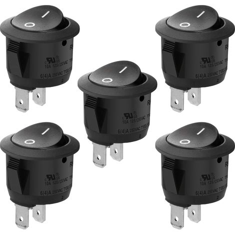 Lot de 5 interrupteurs à bascule ronds - 2 bornes SPST, 6 A, 250 VCA - Noir