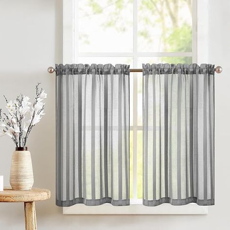 Rideau Cuisine Voilage Court Brise Bise Placard à Rayures Gris à Passe Tringle 90 x 60 cm Panneaux, Rideau Semi Transparent, Decoration d'Interieur pour Fenetre Chambre Salon (1/5)