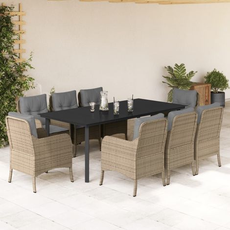 Ensemble repas de jardin 9 pièces en poly rotin avec table noire, chaises beiges et coussins - PANGIVO (1/5)