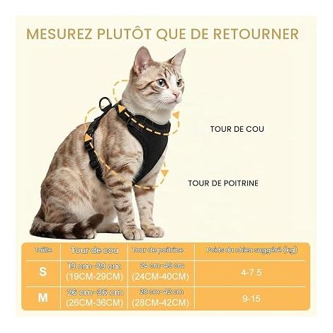 Harnais pour Chat avec Laisse, Harnais Chaton, Filet Respirant, Chat Réglable Réfléchissant, Laisse 150cm, pour Promenade en Plein air, Noir, Taille M (1/4)
