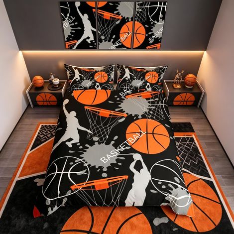 Housse de Couette et 1 taie d'oreiller Sport pour Garons et 1 Housse de Couette Noir/Orange Simple (1/5)