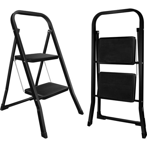 Échelle Escabeau Pliable 2 Marches Antidérapante, Noir  Max 150kg, Acier Robuste, Intérieur Extérieur, Pliante (1/5)