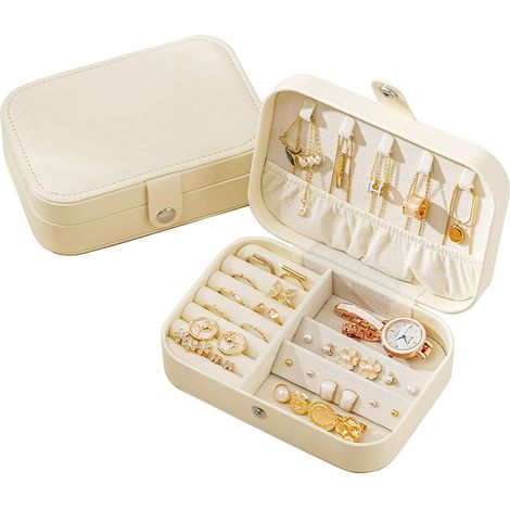 Boîte à bijoux de voyage, petite boîte à bijoux, boîte à bijoux de voyage à 2 couches, mini étui de rangement portable en cuir synthétique pour boucles d'oreilles, bagues, colliers, bracelets (1/5)