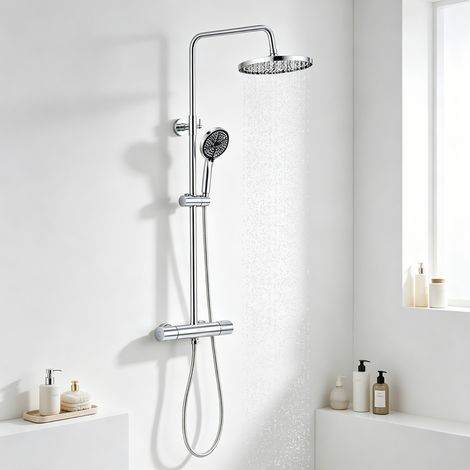Système de douche à température constante, douchette à main avec 3 modes de jet, protection anti-brûlure, finition chromée, hauteur réglable KeeGone Pro (1/5)