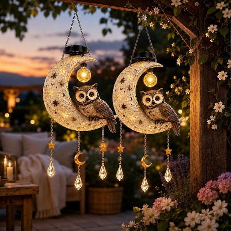 Lot de 2 lampes solaires hibou et lune décoration Halloween extérieure jardin terrasse design suspendu éclairage LED (1/4)