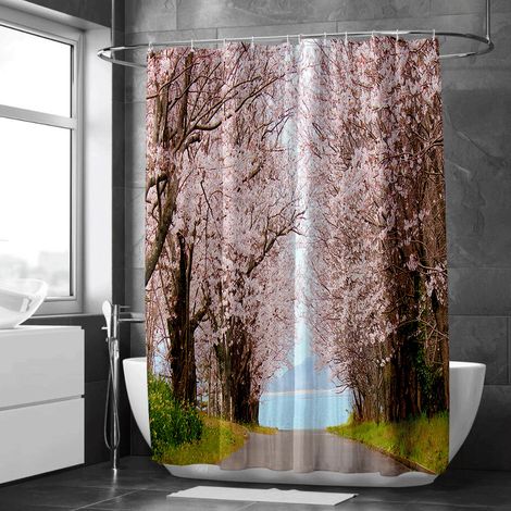 Rideau de douche motif montagne et lac tranquille, polyester imperméable, 90x180 cm (1/5)