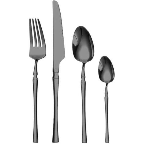 Couverts de Table 24 Pièces Service 6 Personnes, Ensemble de Couverts en Acier Inoxydable avec Cuillère, Couteau, Fourchette, Poli Miroir & Lave-vaisselle-noir (1/4)