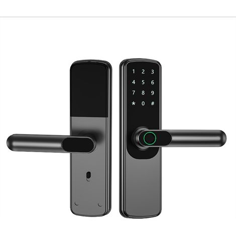 Serrure de porte connectée grise avec application, mot de passe, carte et clé (1/5)
