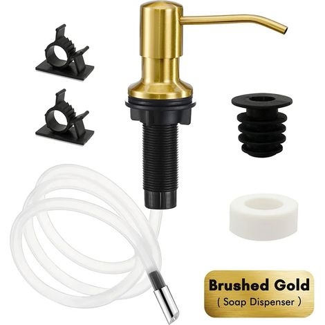 Distributeur de savon liquide pour évier de cuisine (Or brossé clair) avec tube d'extension et pompe en acier inoxydable. Accessoires de salle de bain. Distributeur noir, savon doré. (1/5)