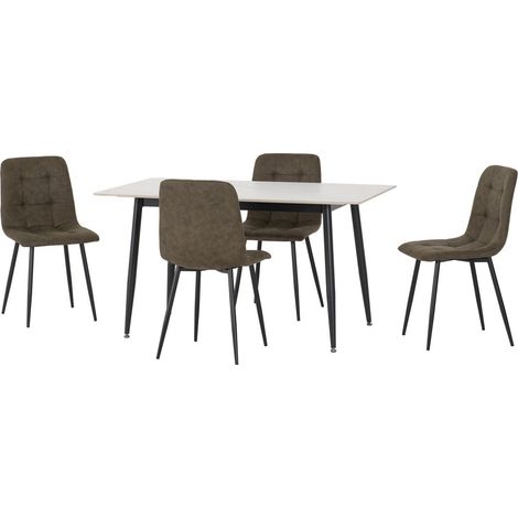 Fenton Dining Table and 4 Chairs Set - L80 x W76 x H140 cm - White Marble Stone Effect/Olive Green Suede