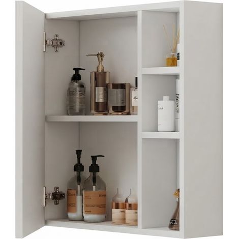 ELVMI Armadietto Specchio da Parete per Bagno con Vani Divisi e Anta a Specchio, 63.5 x 60 x 13 cm (1/5)