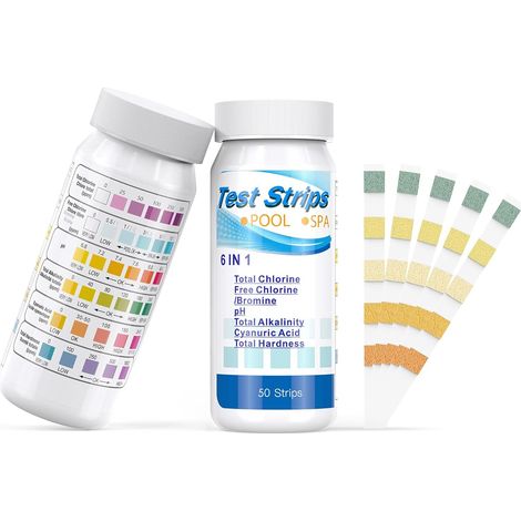 6 in 1 Pool Spa Hot Tub Test Strips, Swimming Pool Spa & Hot Tub Chemicals Water Test Strips for Rapid Measurement of Residual Chlorine ,Total Alkalinity,Hardness and pH Testing,100pcs (1/5)