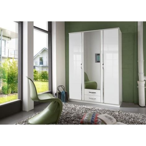 Armoire 3 portes battantes + miroir - Décor blanc brillant - L 135 x P 56 x H 199 cm - TRIO (1/2)