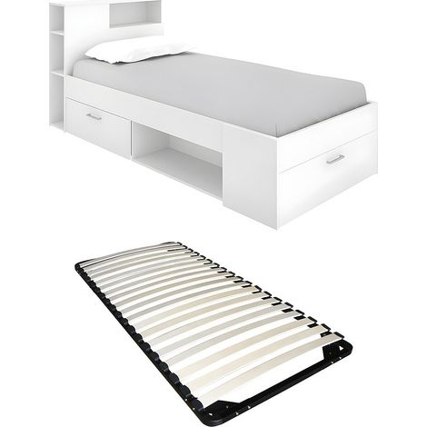 Letto con testata, vani portaoggetti e cassetto 90 x 190 cm Bianco + Rete - LEANDRE (1/5)