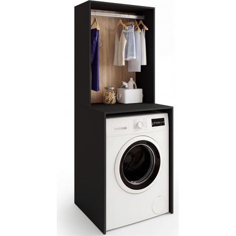 Meuble dessus machine à laver avec penderie WALLIS noir et bois façon hêtre