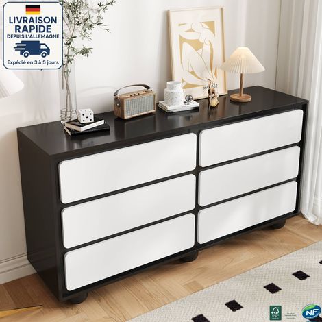 MODFU - Cassettiera a 6 cassetti, credenza da cucina, mobile contenitore, ingresso/soggiorno/camera da letto, 140×38×74cm, bianco+nero (1/5)