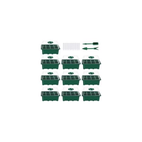 Lot de 10 plateaux de semis (12 unités par plateau) avec couvercle et base en dôme réglable et kit d'outils manuels pour l'étiquetage des plantes, modèle : vert