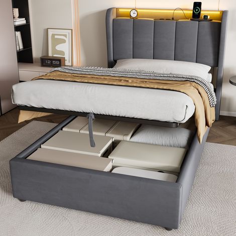 Cama con canapé 90x200 cm de terciopelo, cama con almacenamiento hidráulico, cabecero con estante, estructura de metal y madera, gris oscuro (1/5)