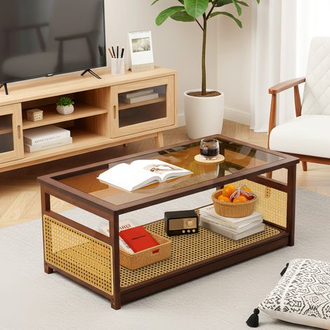 Table basse à 2 Niveaux, 108,5×53×42cm, Plateau en Verre, Étagère en Rotin,pour Chambre, Appartement ,table de salon brun noyer