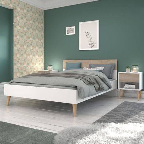 Lit adulte - AALBORG - 160 x 200 cm - Blanc / Chene - PARISOT (1/5)
