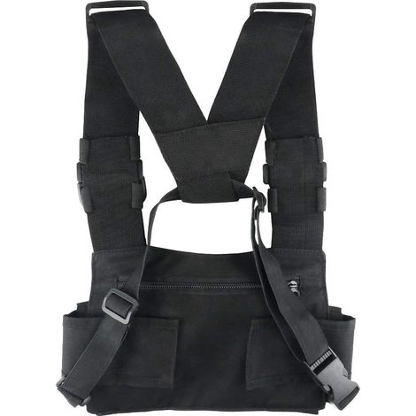 Custodia pettorale con imbracatura per ricetrasmittente bidirezionale - universale per walkie talkie - con tasche frontali e tasca con cerniera (1/3)