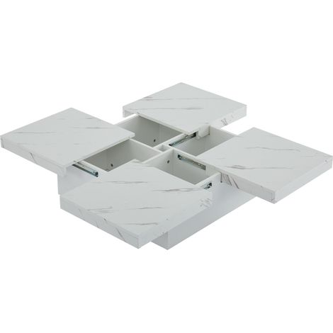 Quadratischer weißer Couchtisch in Marmoroptik 90 x 90 x 25 cm, 4 Schubladen und Schiebeboard (1/5)