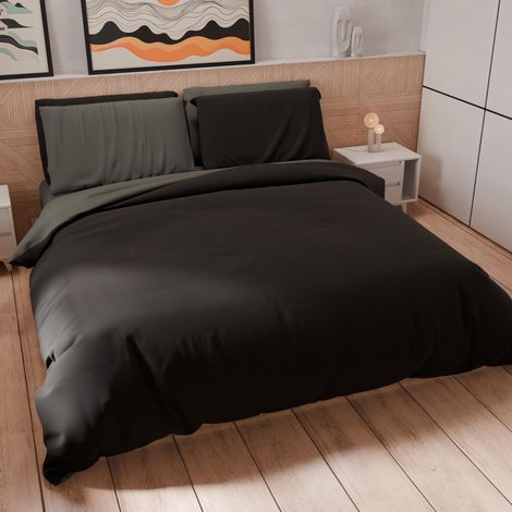 Set Housse de Couette 200x200 cm 1 Taie d'oreiller 50x80 cm Incluse, Parure de Lit Microfibre 1/2 Personnes Douce Gris Foncé Noir (1/5)
