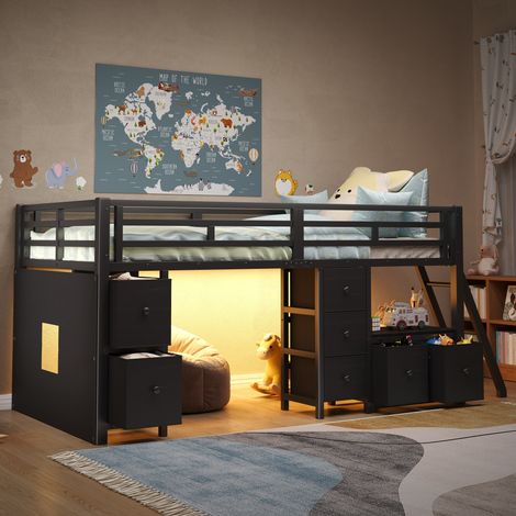 Lit mi-hauteur enfant 90x200 cm lit mezzanine avec 7 tiroirs de rangement et éclairage LED, lit gain de place, noir (1/5)