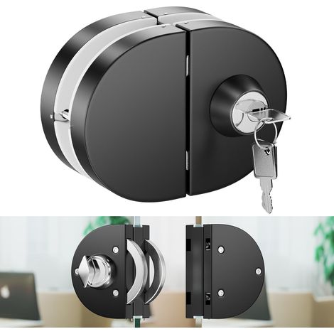 serrure en acier inoxydable 304 pour porte en verre 10–12 mm, conception avec clé et bouton intérieur, installation sans perçage, structure en V avec vis cachées, finition noir mat moderne (1/5)