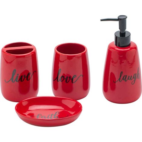 1 - Ensemble Accessoires Salle De Bain - Céramique - Distributeur Savon Porte Brosse À Dents Gobelet Porte Savon - Rangement Comptoir Décoration - Rouge - 20x15x10cm