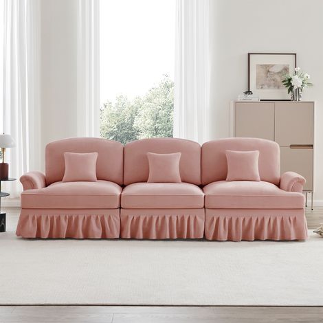 3-Sitzer-Sofa im mittelalterlichen Stil, Chenille-Stoff, kegelförmige Armlehnen, bequemes Sofa für das Wohnzimmer, 272x83,5x93 cm – Elegantes und modernes Sofa – Rosa
