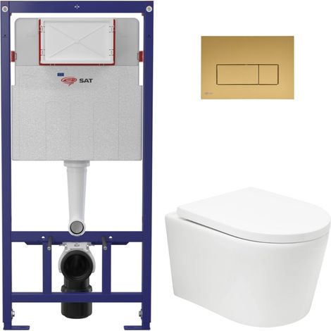 WC-Set SAT ECO 2L Vorwandelement 112 cm + Brevis Rimless Hänge-WC SoftClose Weiß + Betätigungsplatte Gold matt