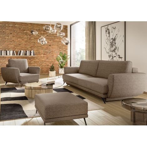 Ensemble canapé convertible tissu beige chiné Zora - 1 canapé 3 places + 1 fauteuil + 1 pouf (1/5)