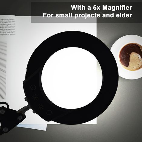 Lampe de table flexible à pince avec loupe x5, bras articulé, LED à intensité variable, 5 modes de couleur et 5 niveaux de luminosité, idéale pour la lecture, le travail et les études.